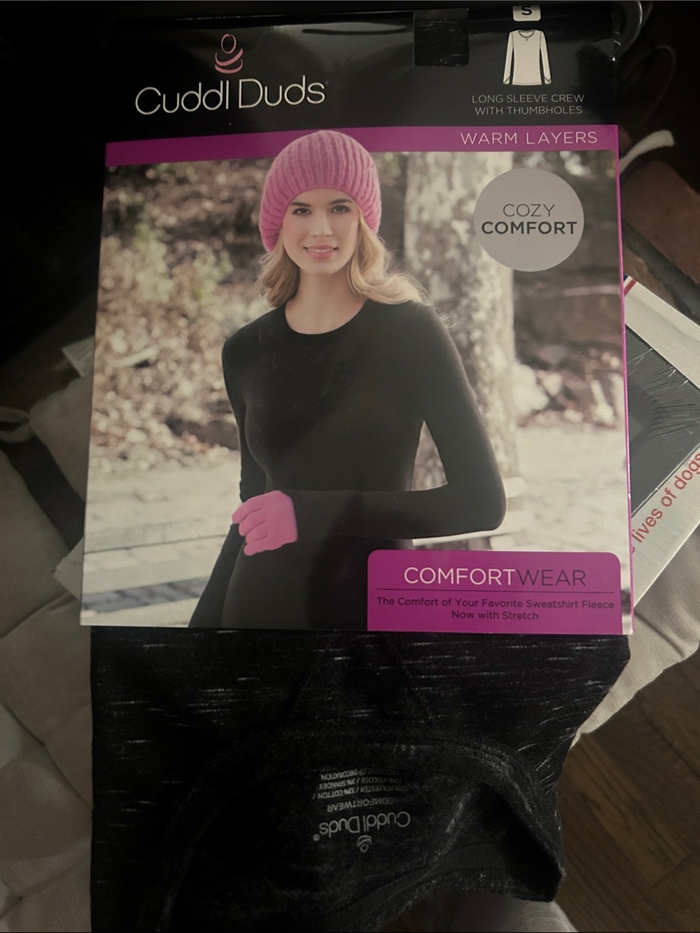 Cuddl Duds Black Crewneck Comfortwear with Pink Accents
